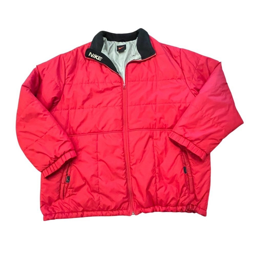 Vintage 90s Nike Red Quilted Puffer Coat Jacket XXL Zip Up Fleece Collar Pockets